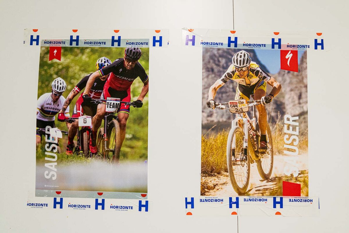 Posters of Christoph Sauser, a cyclist and specialty coffee roaster in Leysin, Switzerland