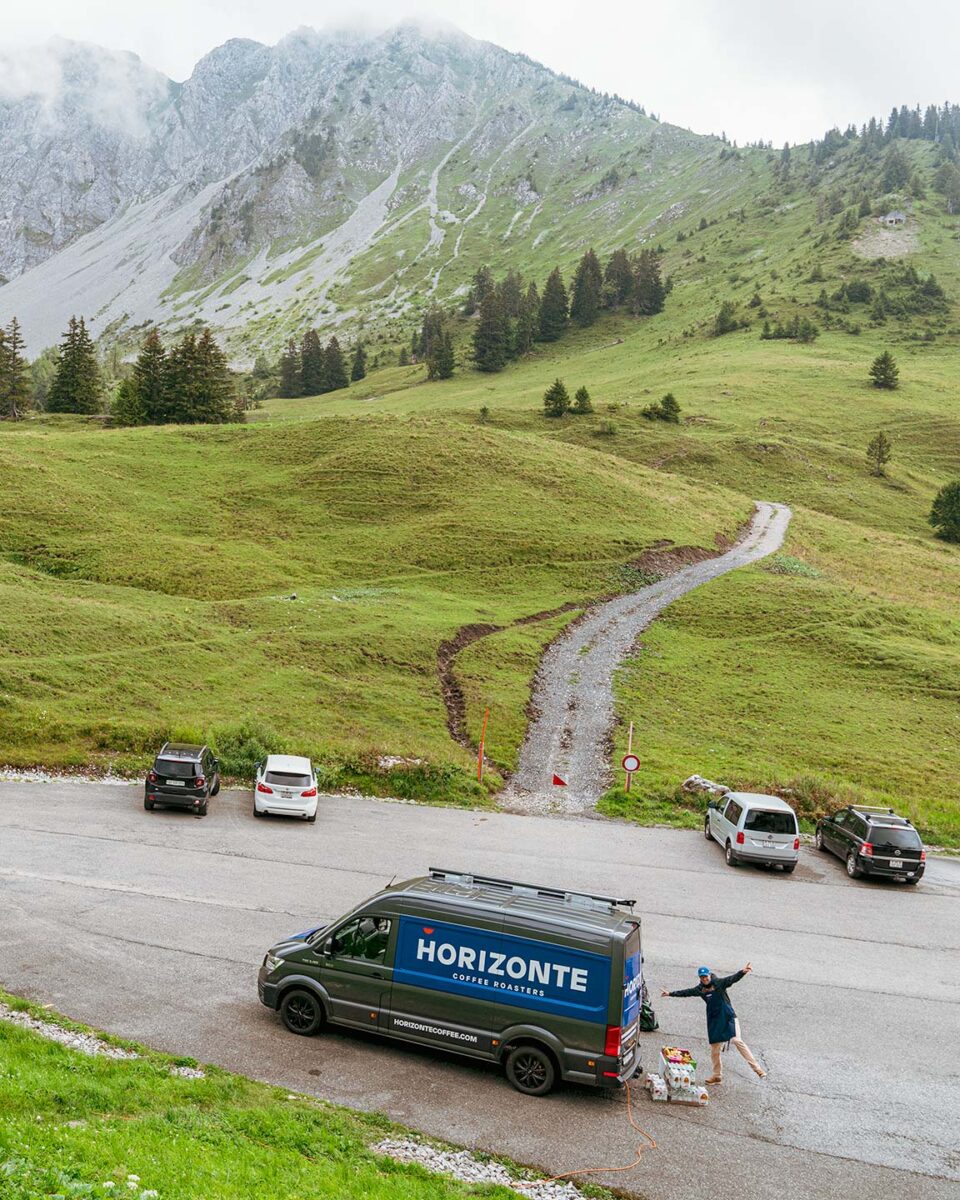 A view of Leysin and a specialty coffee truck run by HORIZONTE COFFEE ROASTERS