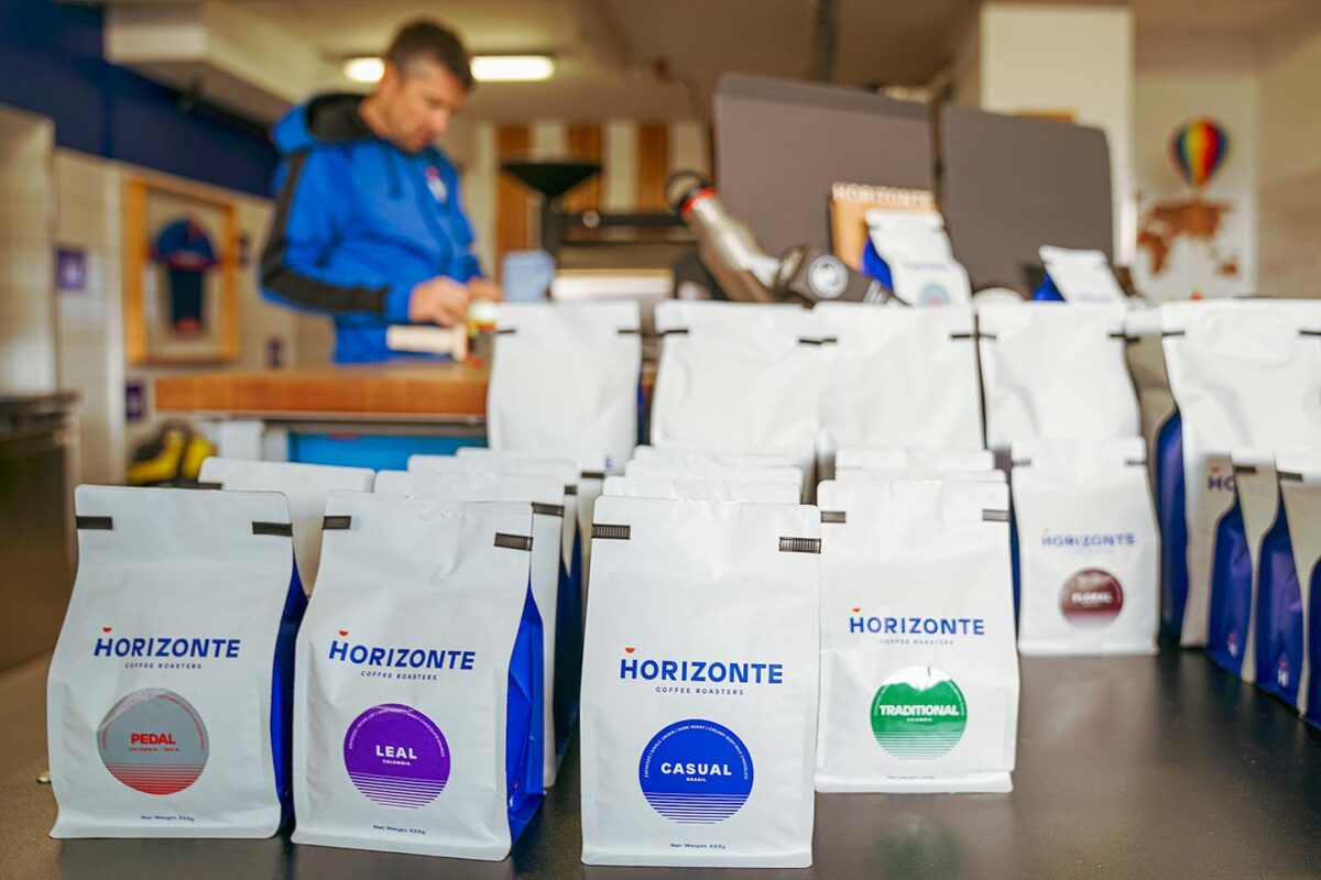 Bags of specialty coffee at HORIZONTE COFFEE ROASTERS in Leysin, Switzerland