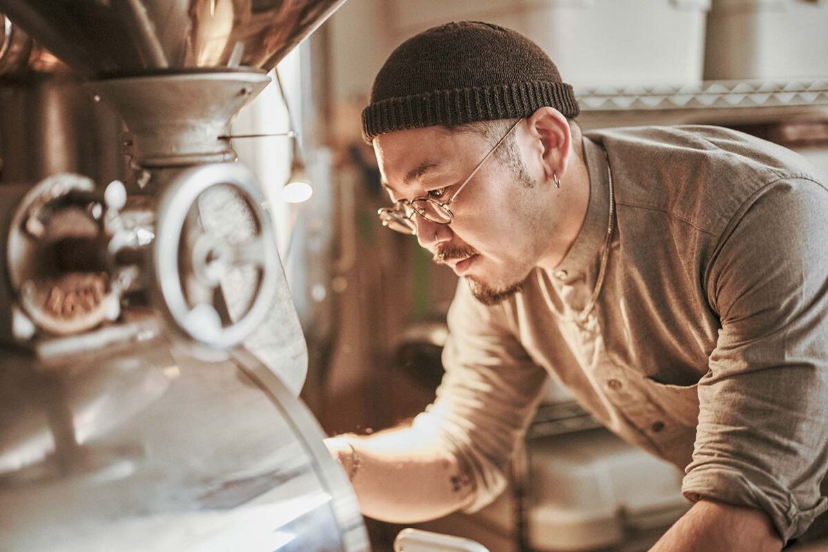 Kazuo Yoshida roasting coffee at Life Size Cribe, a specialty coffee roastery and cafe in Kokubunji, Tokyo
