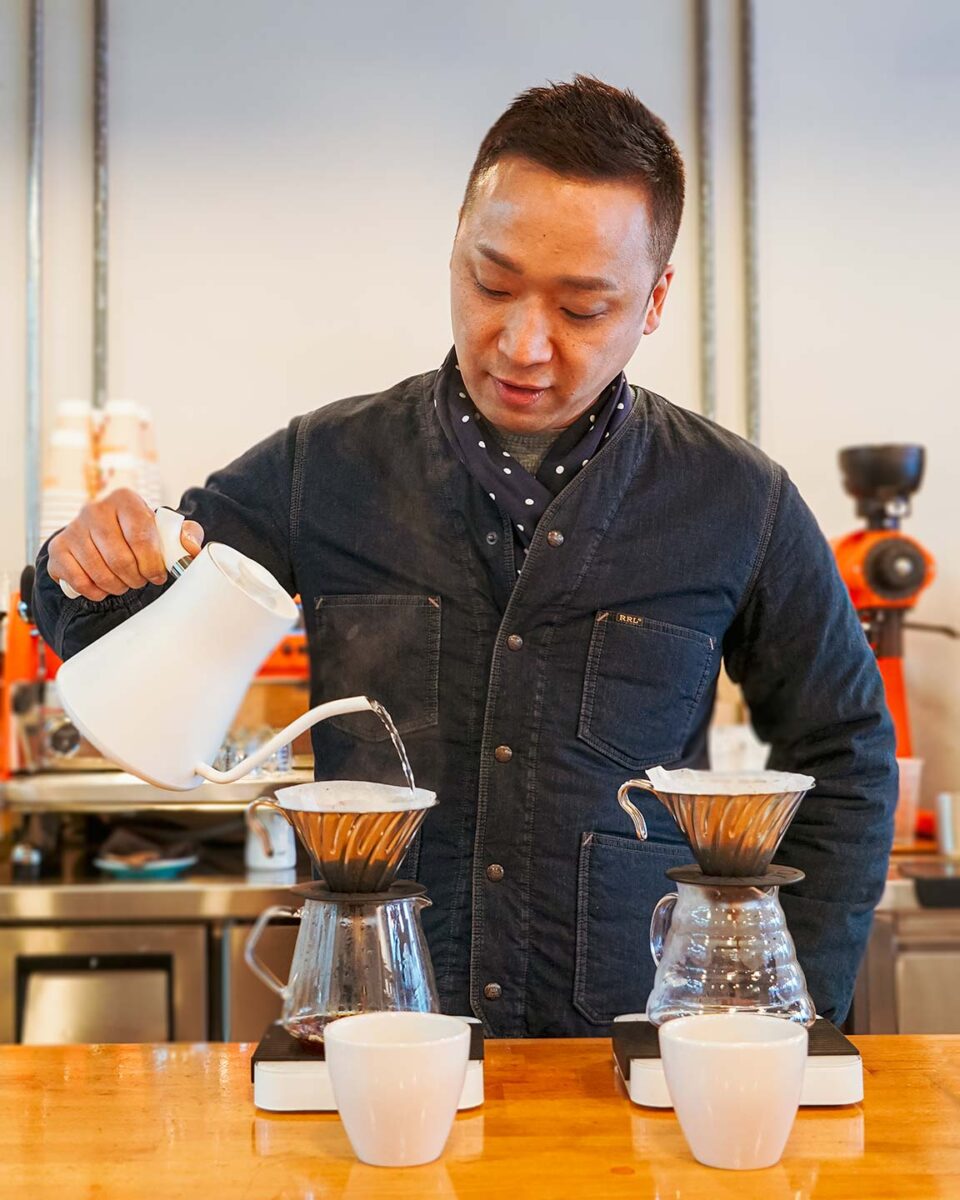 Brewing coffee at New Wave Coffee Roasters, a specialty coffee roaster in Seoul, South Korea