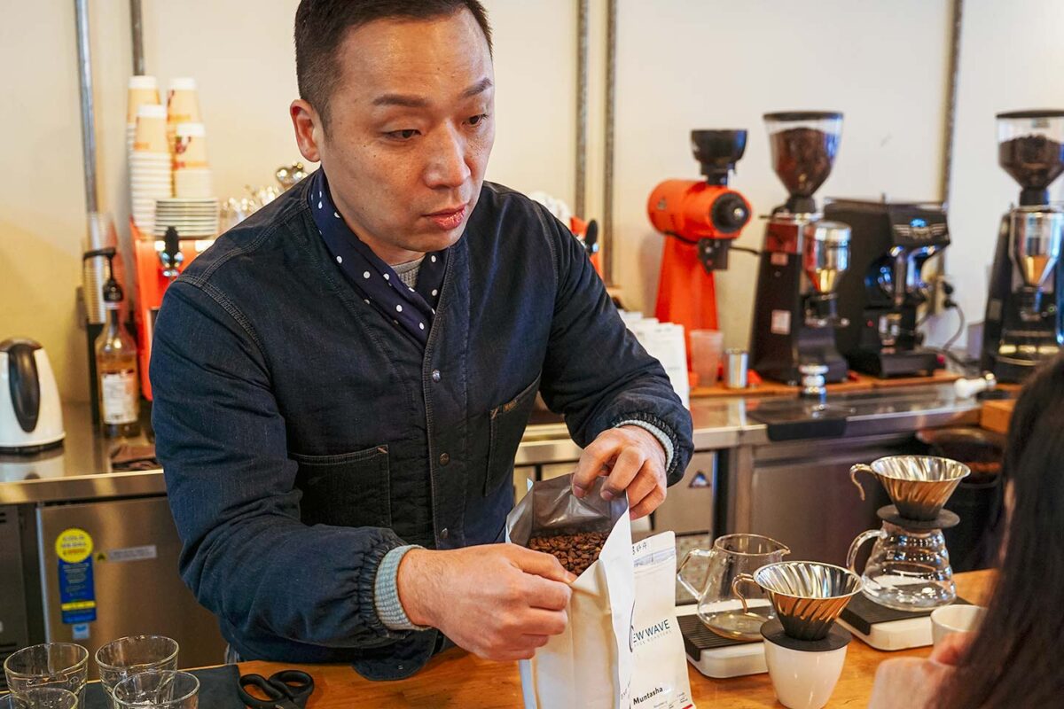 Packing coffee beans at New Wave Coffee Roasters, a specialty coffee roaster in Seoul, South Korea