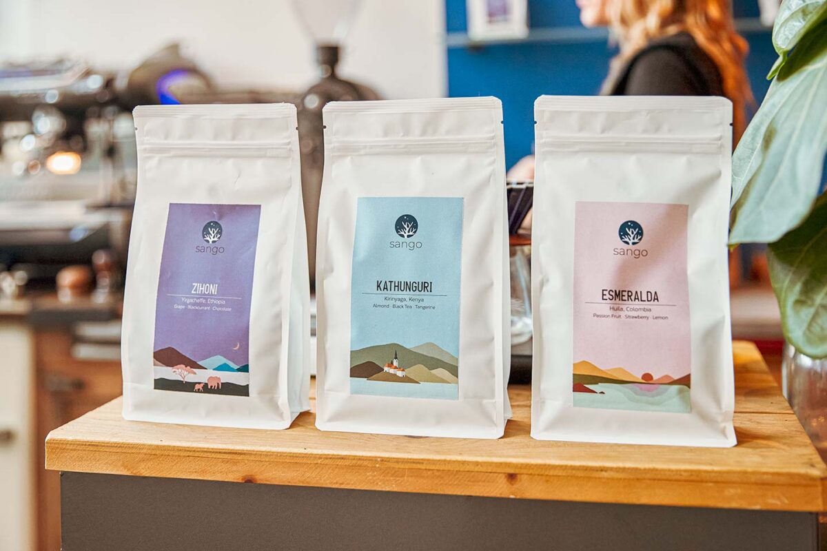 Bags of specialty coffee beans at Sango Amsterdam