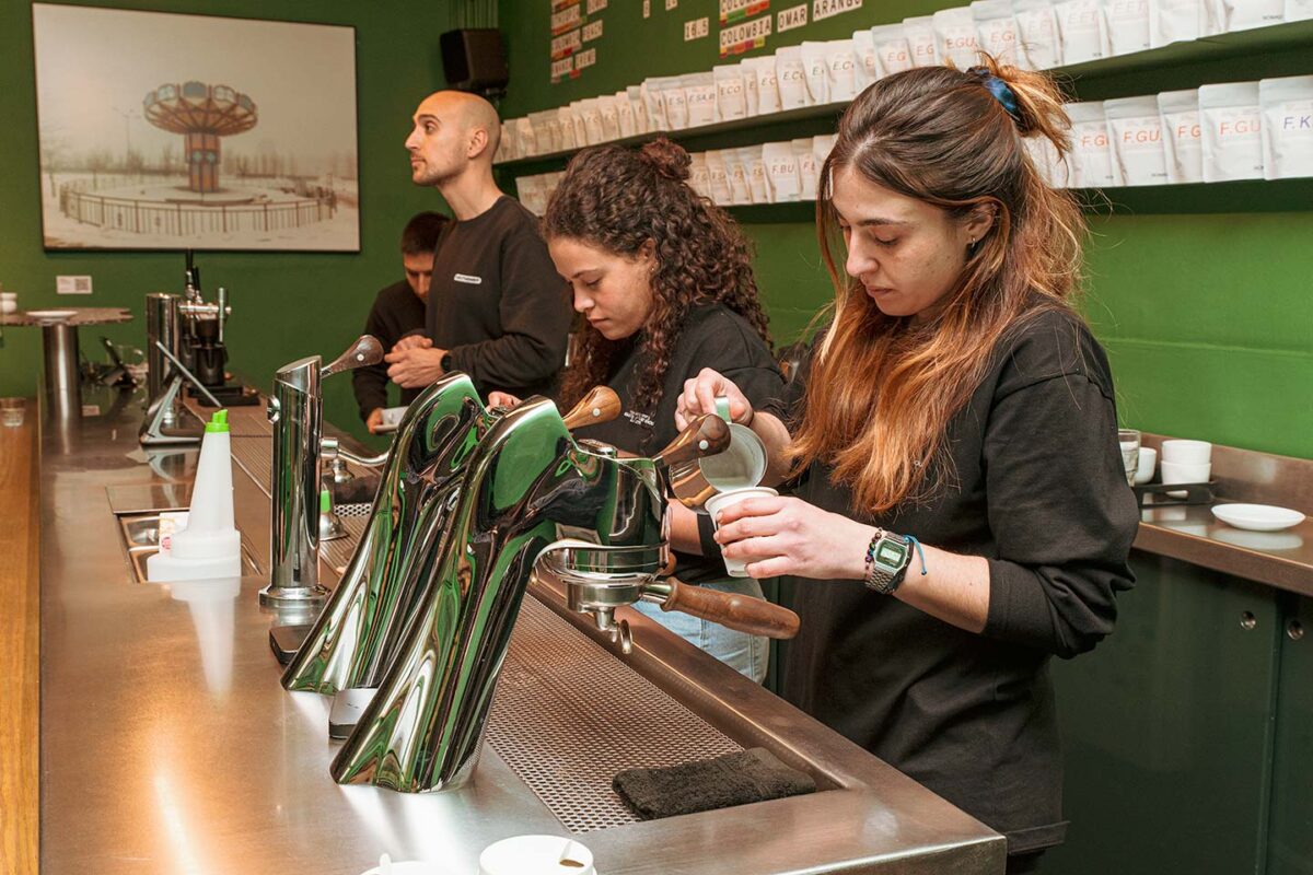 A team of baristas at NOMAD, a specialty coffee roaster in Barcelona
