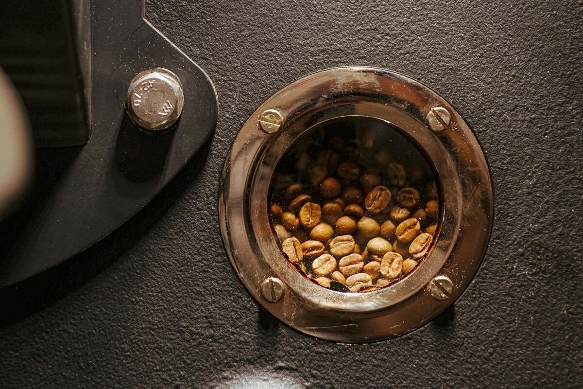Beans being roasted at Triple Five Coffee, a specialty coffee roastery in Slovakia